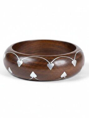 Women's Brown Wood Bangle Bracelet With Silver Plated Inlay Design